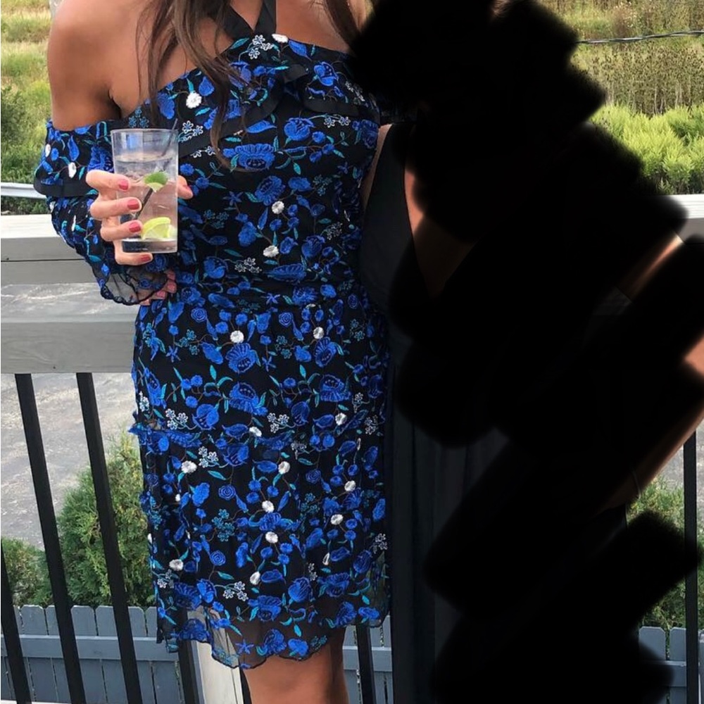 Black, Blue & White Floral
Embroidery Ruffle Dress, off the shoulders